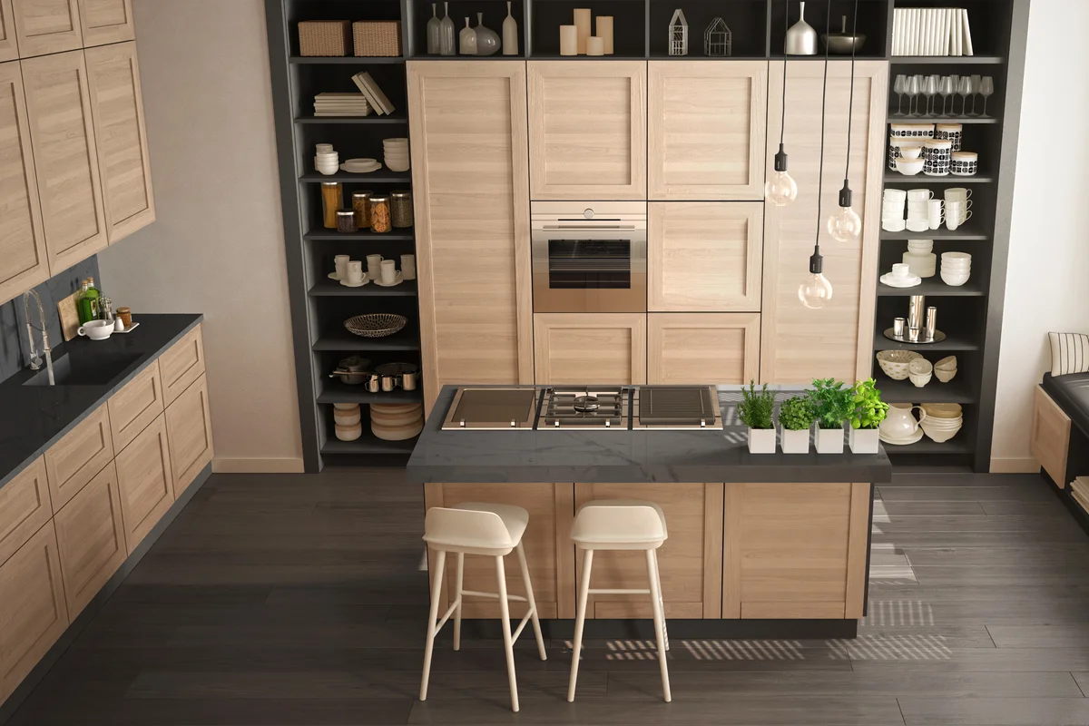 Modern white and gray kitchen with wooden details