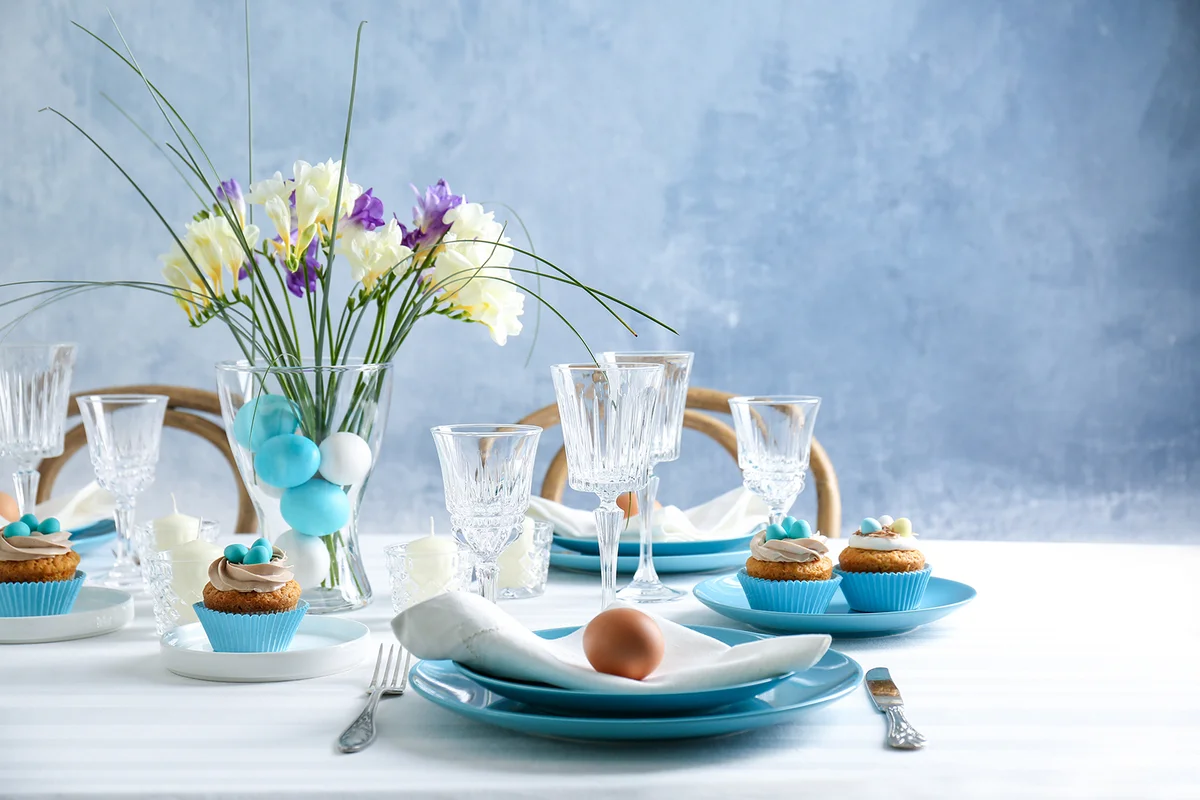 Beautiful blue Easter table setting