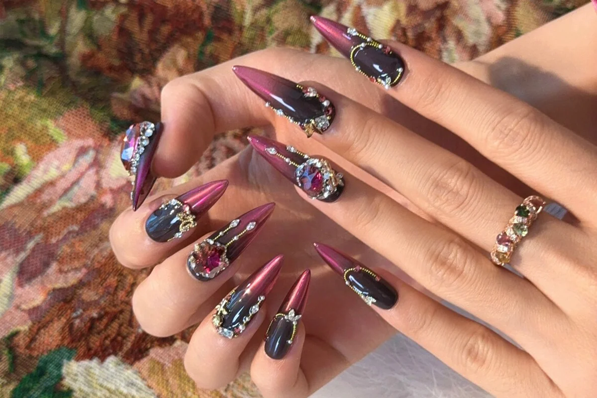 Bling Golden Dark Purple Gray Nails Metallic Ombre Nails