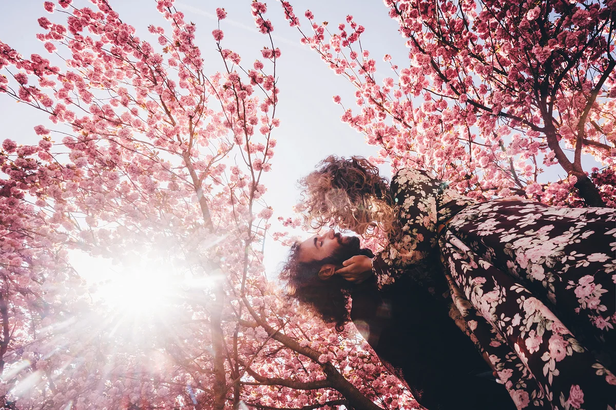 Couple in love enjoying pink cherry blossom