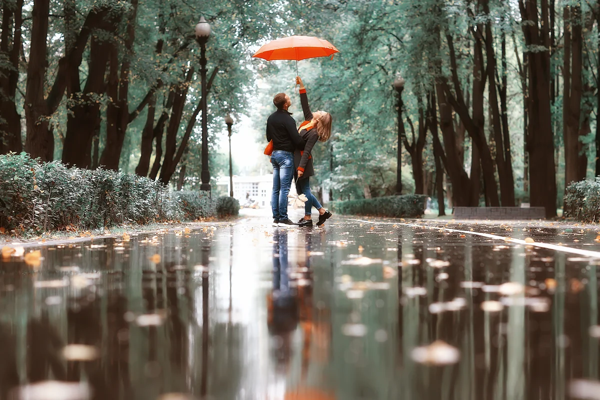 Loving couple in the rain