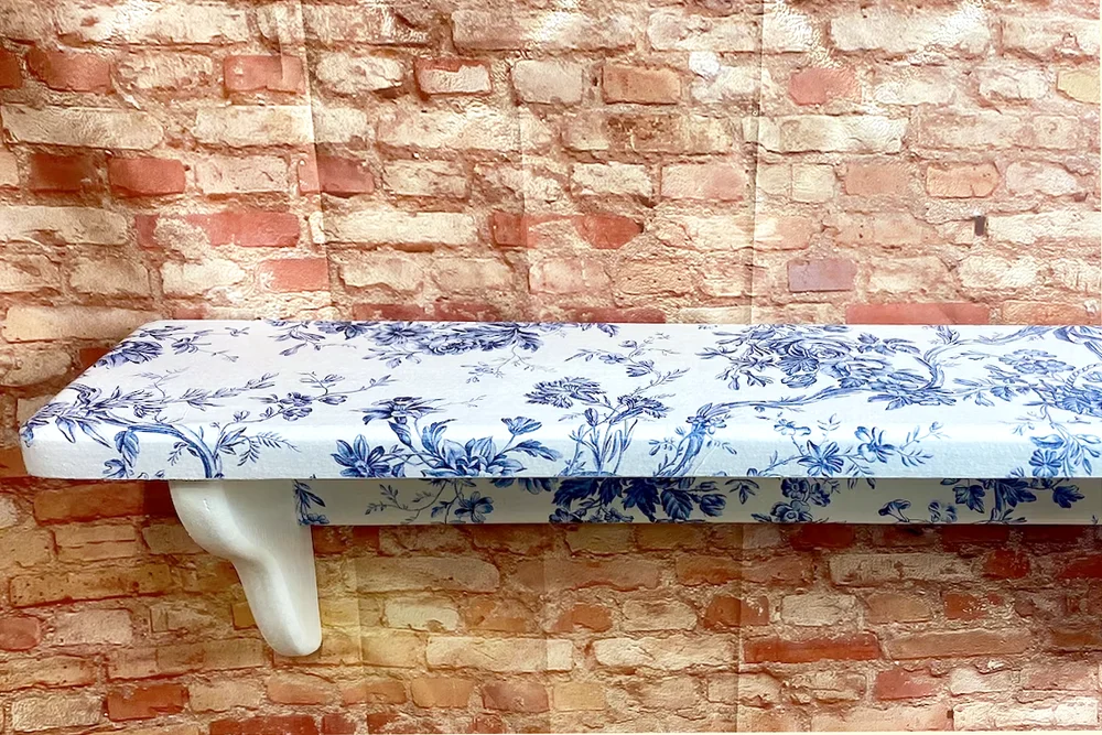 Hand painted wooden shelf with blue/white floral print