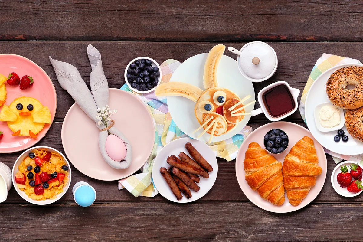 Fun Easter breakfast or brunch table scene