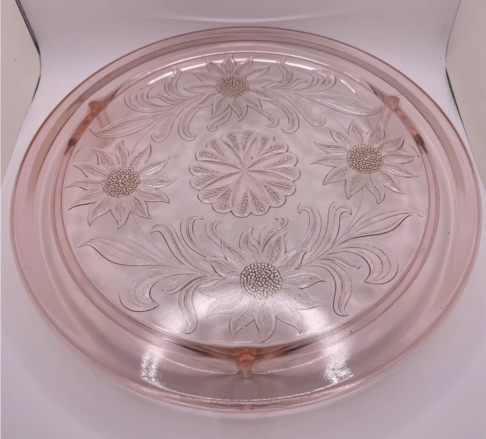 1930s Jeanette Glass Co. Pink Depression Glass Footed Cake Stand in Sunflower Pink