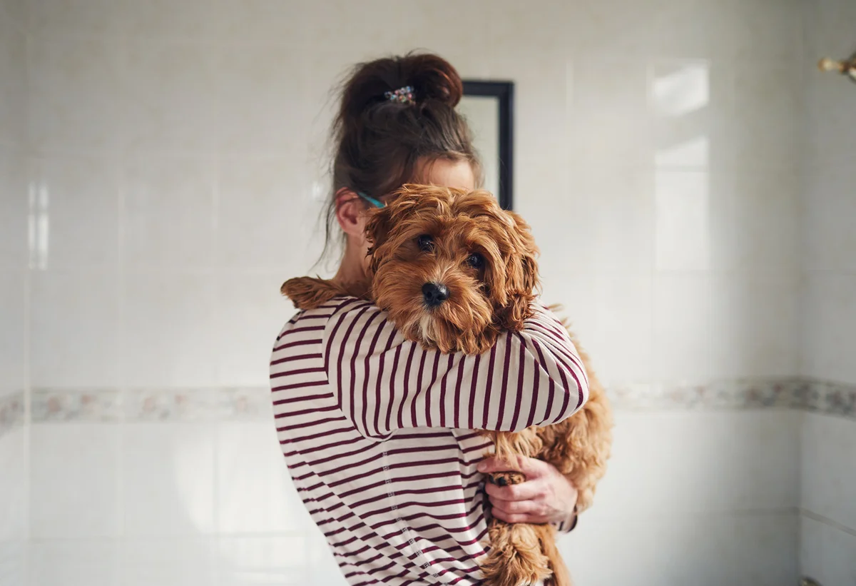 Woman hugging her shaggy brown dog