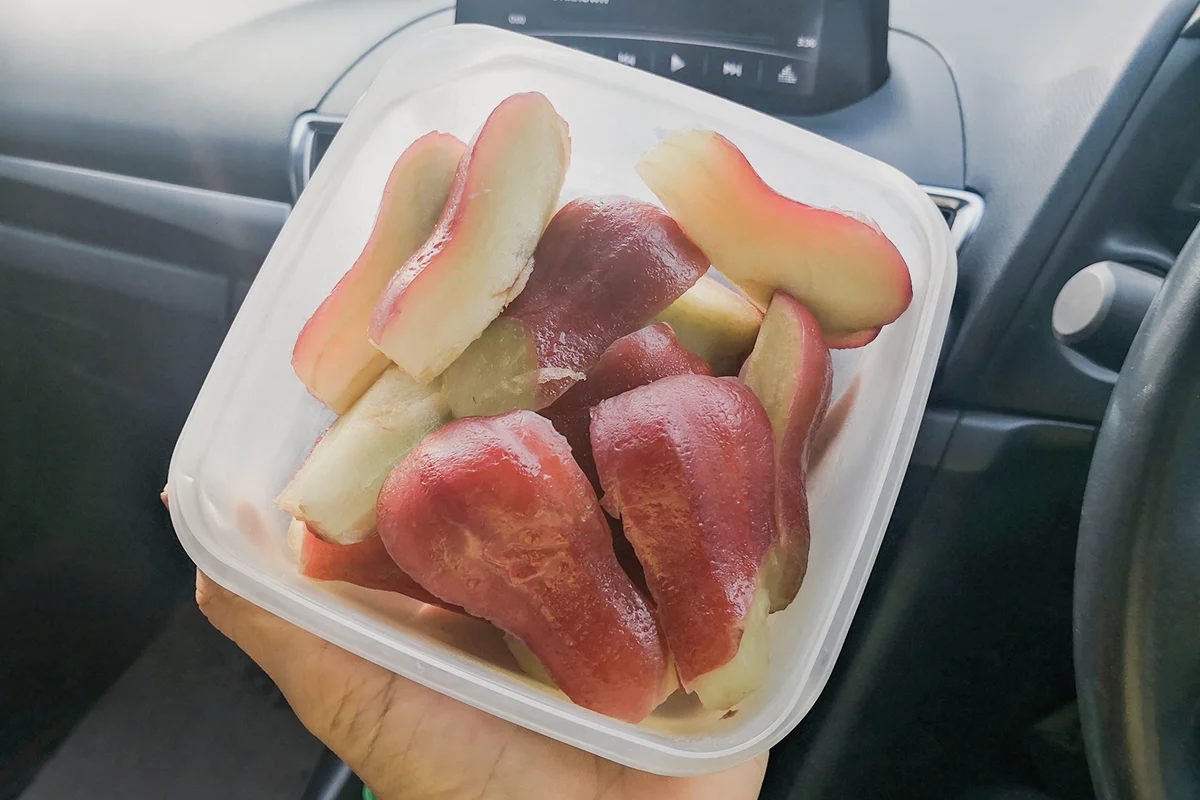 Sliced Rose apples in white plastic box