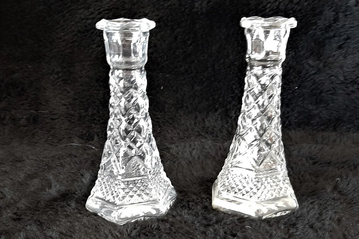 Vintage Cut Crystal Glass Pair Candlesticks Holder Patterned