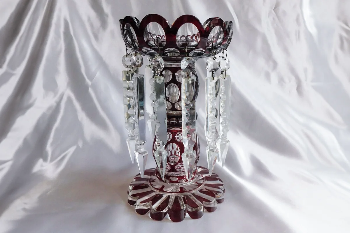 Red Cut to Clear Luster Candle Holder with Crystal Drops/Prisms