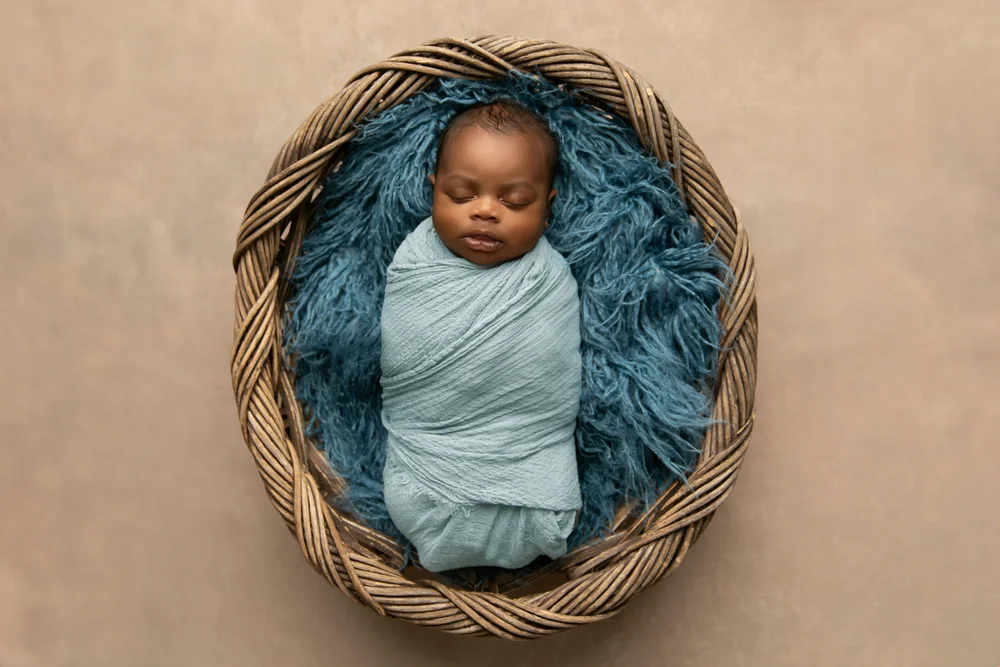 swaddled baby in a basket