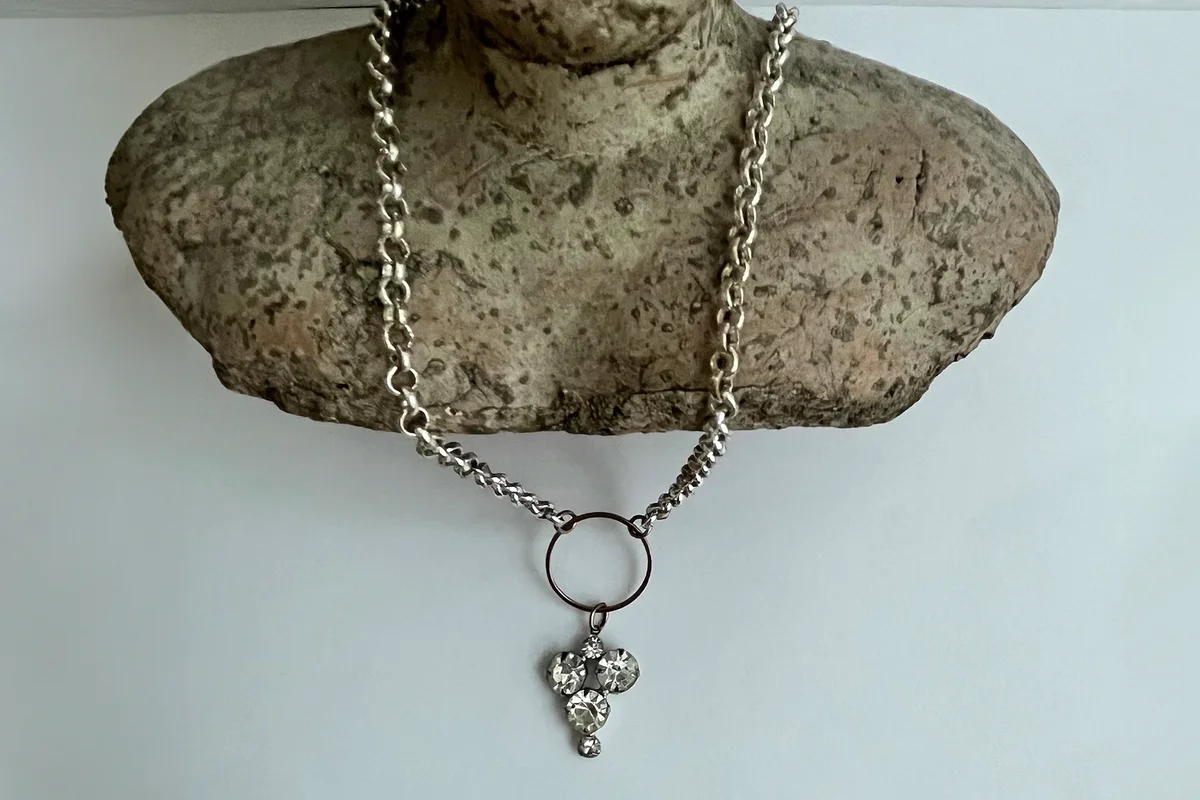 Vintage Assemblage Necklace Rhinestone Necklace silver and gold