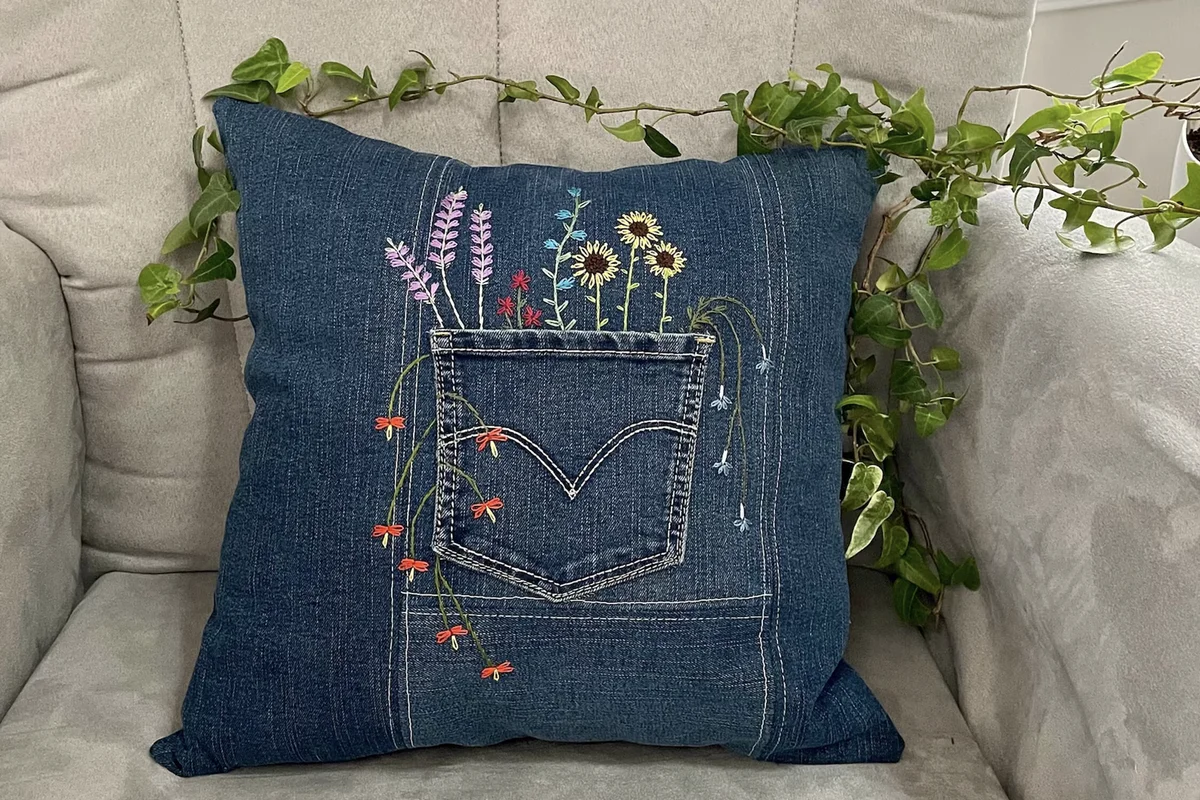 Embroidered Jean Pocket Pillow