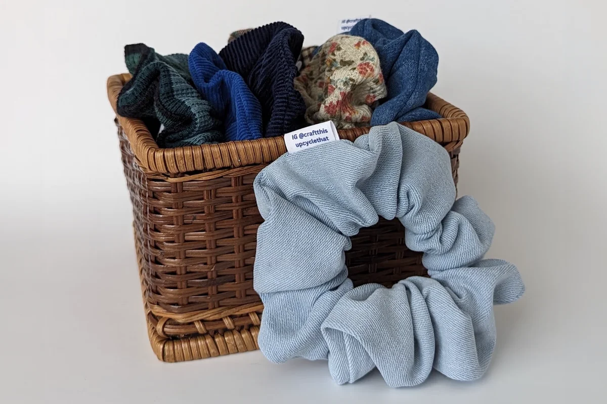 Upcycled denim scrunchies jean light wash medium wash denim