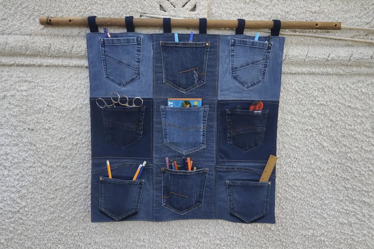 Denim entryway organizer, upcycled jeans wall hanging