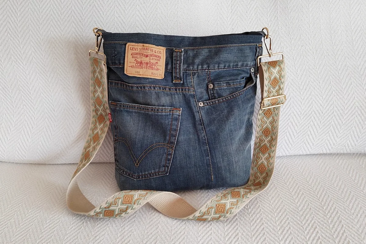 Upcycled denim crossbody bag jacquard guitar strap