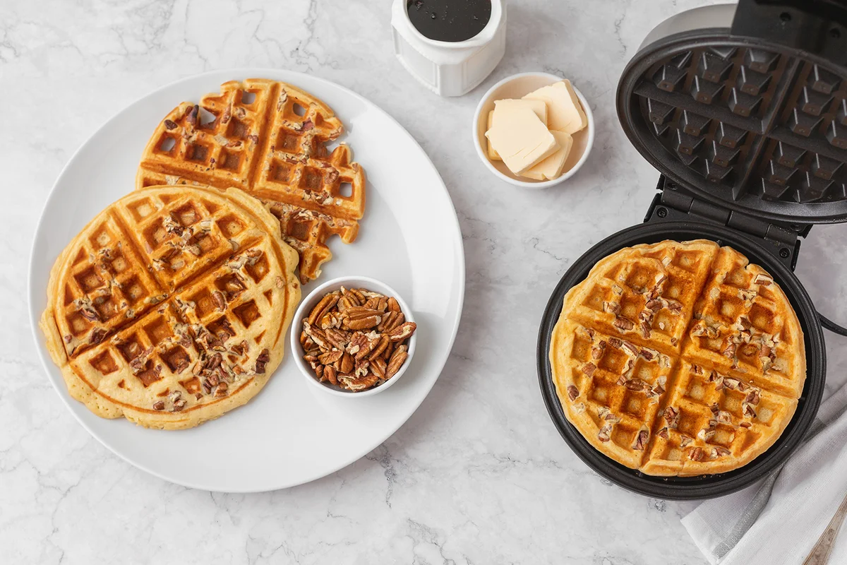 Homemade Pecan Waffles on a White Plate
