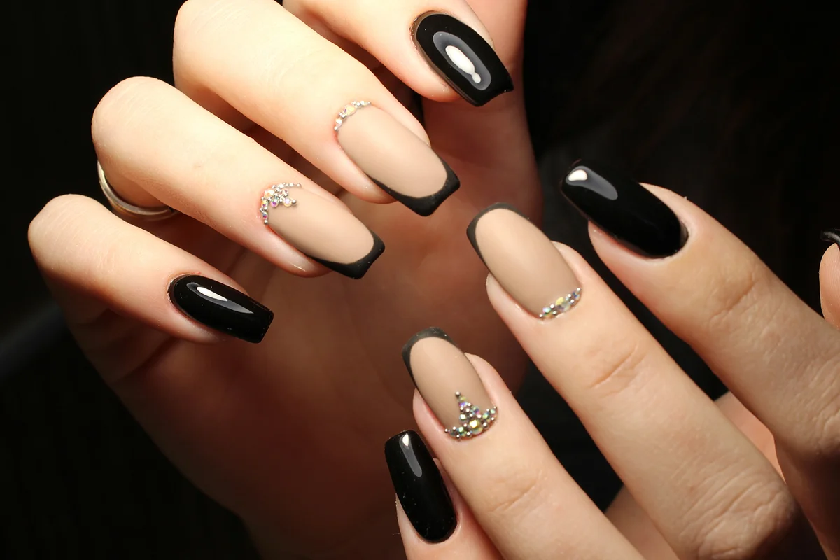 Youth manicure design, color coffee with rhinestones and black