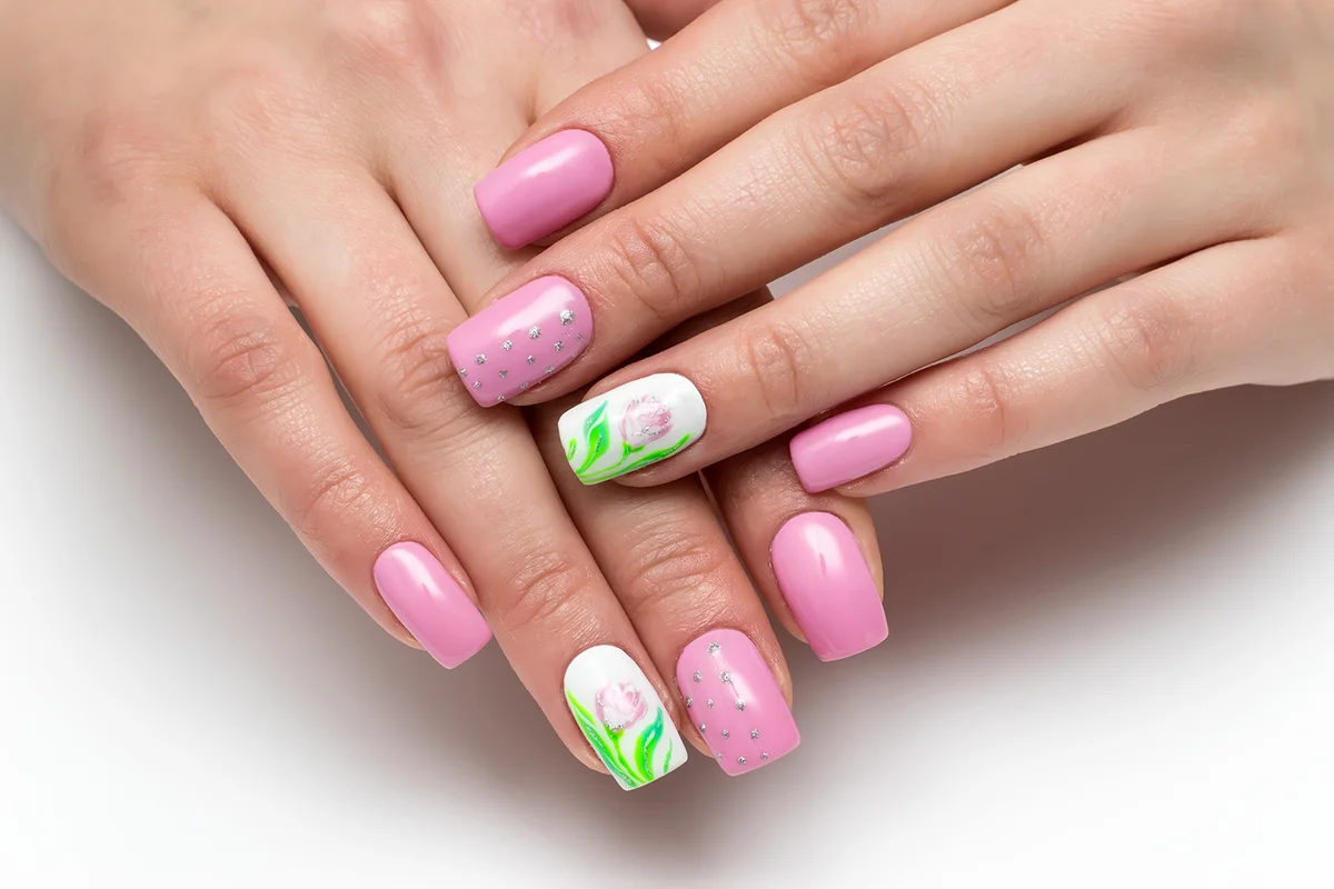 Pink manicure with painted flowers