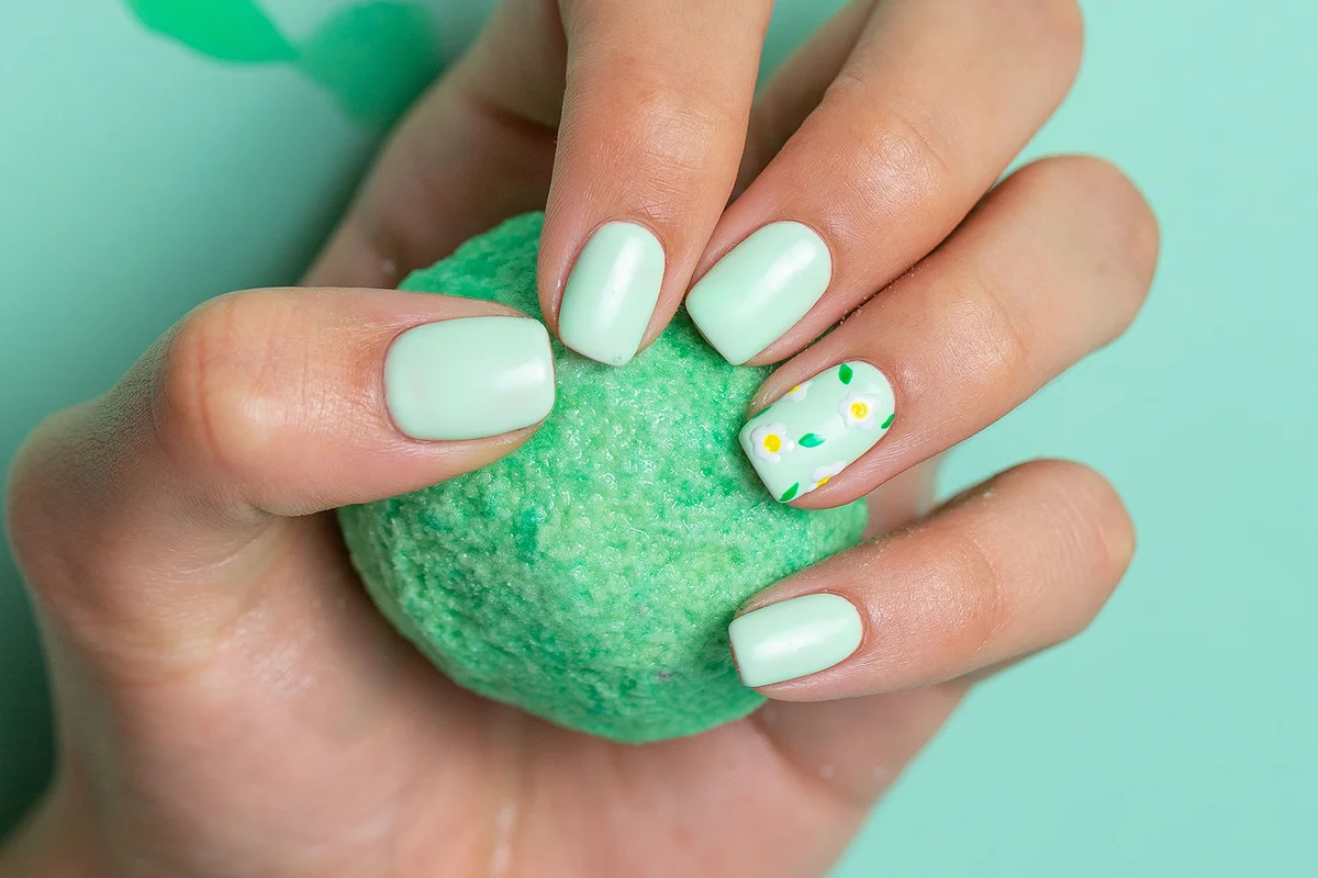Female hand with glitter green nail design