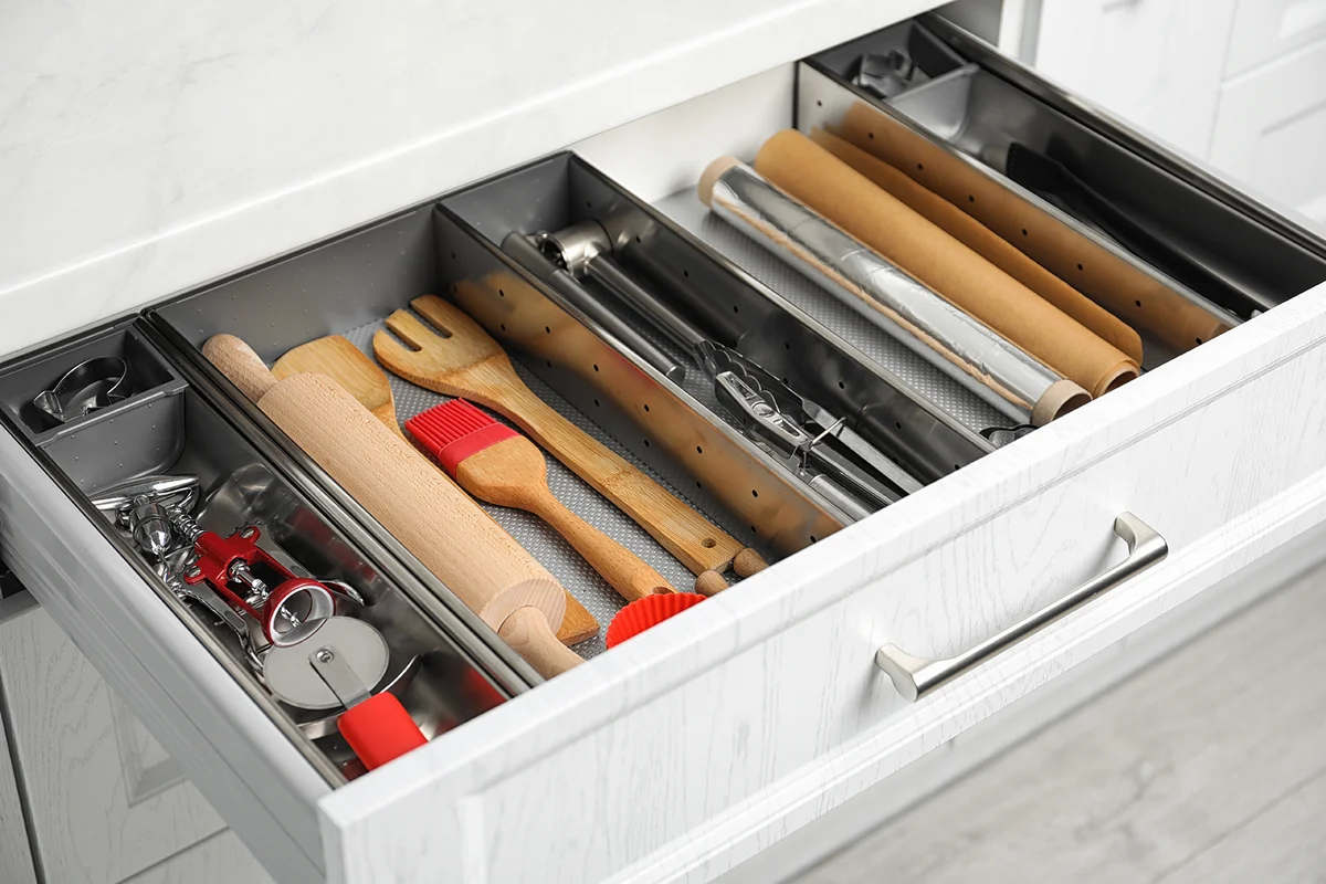 Different utensils in open desk drawer indoors