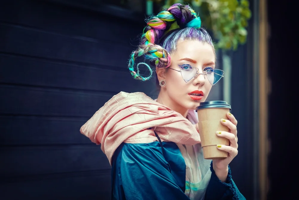 woman with rainbow braid
