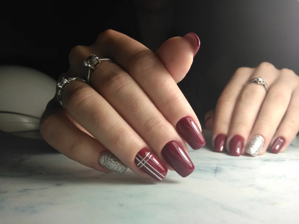 burgundy and silver nails