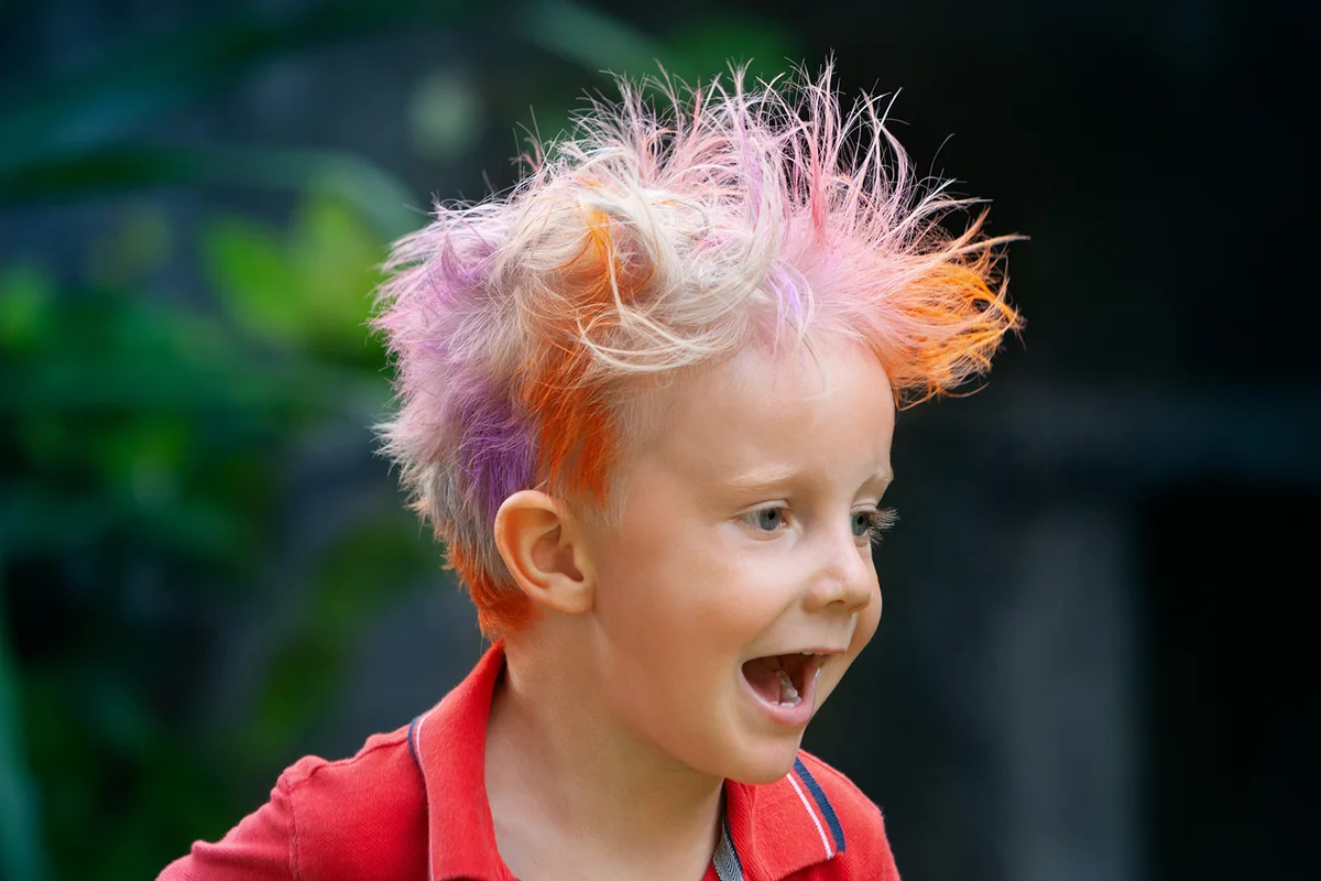 Funny portrait of boy with messy hairstyle.