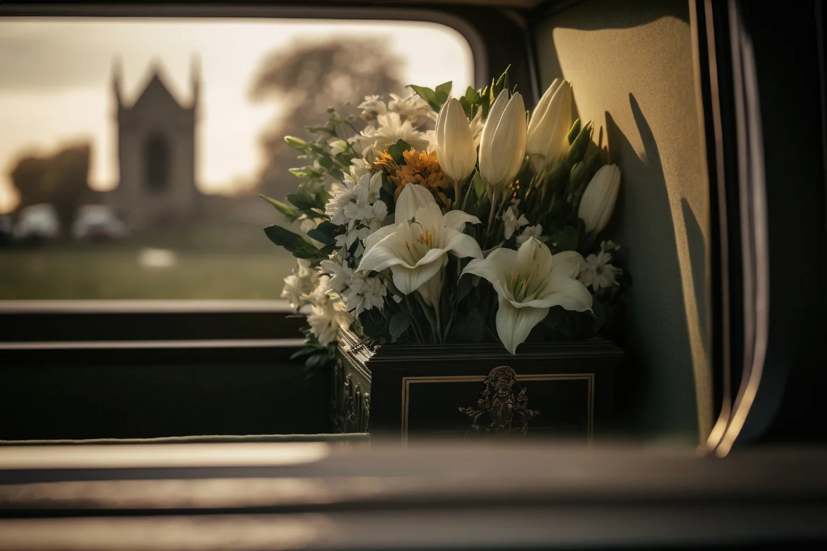 Funeral flowers in the back of a hearse driving through a cemetery at sunset