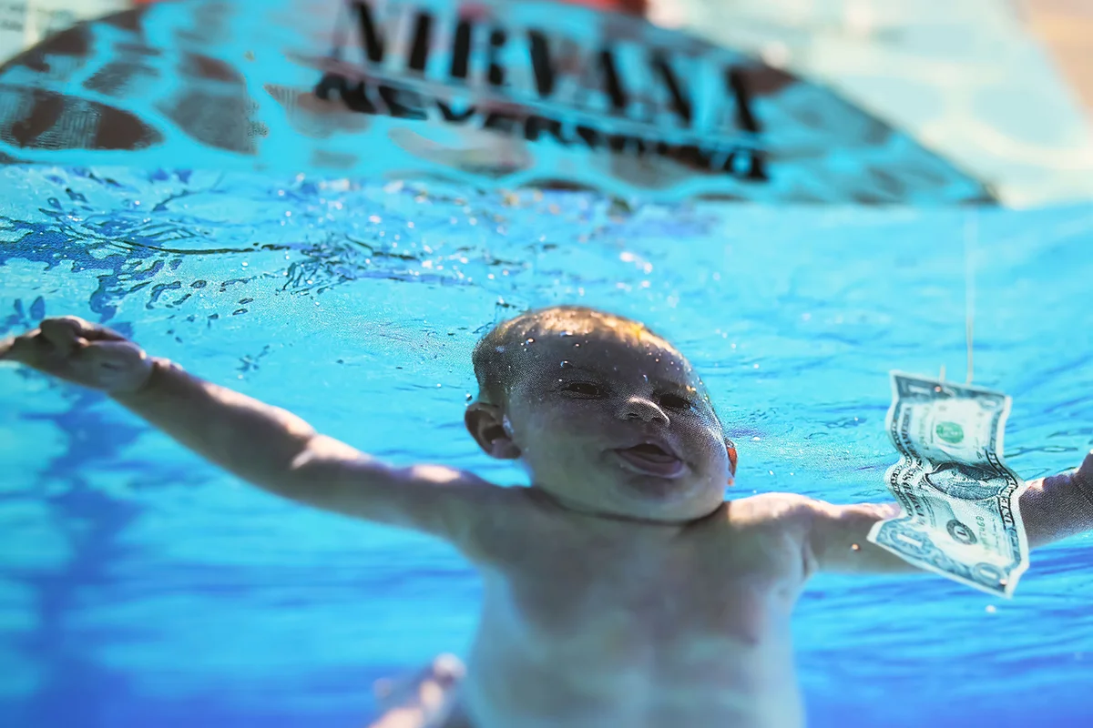 Closeup of Nirvana band album cover Nevermind from 1991