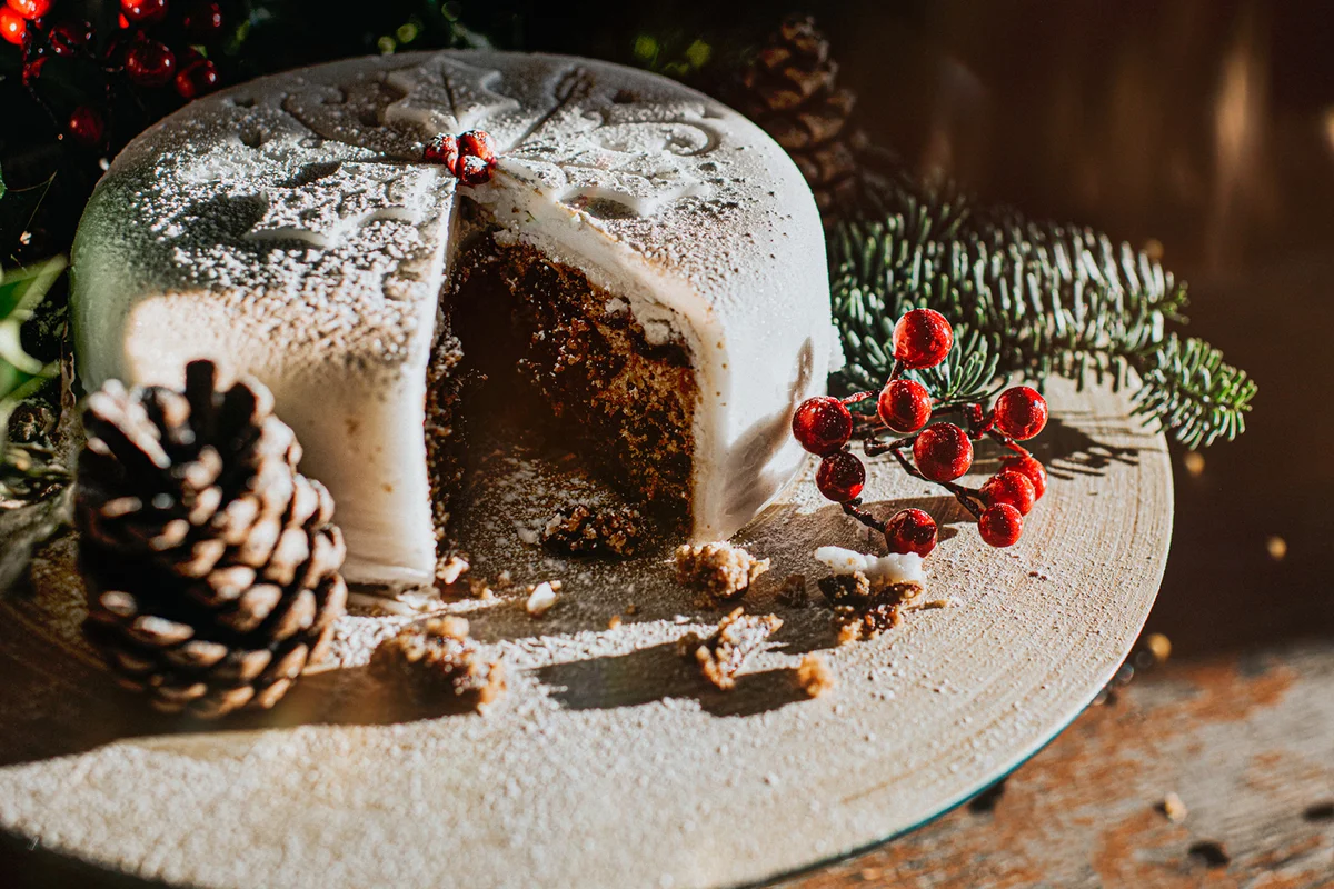 Traditional Luxury Iced Christmas Fruit Cake, decorated with holly, berries, fern and acorns