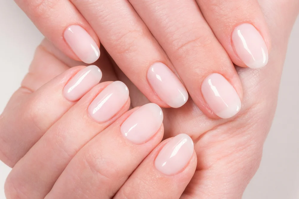 Close-up shot of female nails with an elegant pastel pink natural manicure