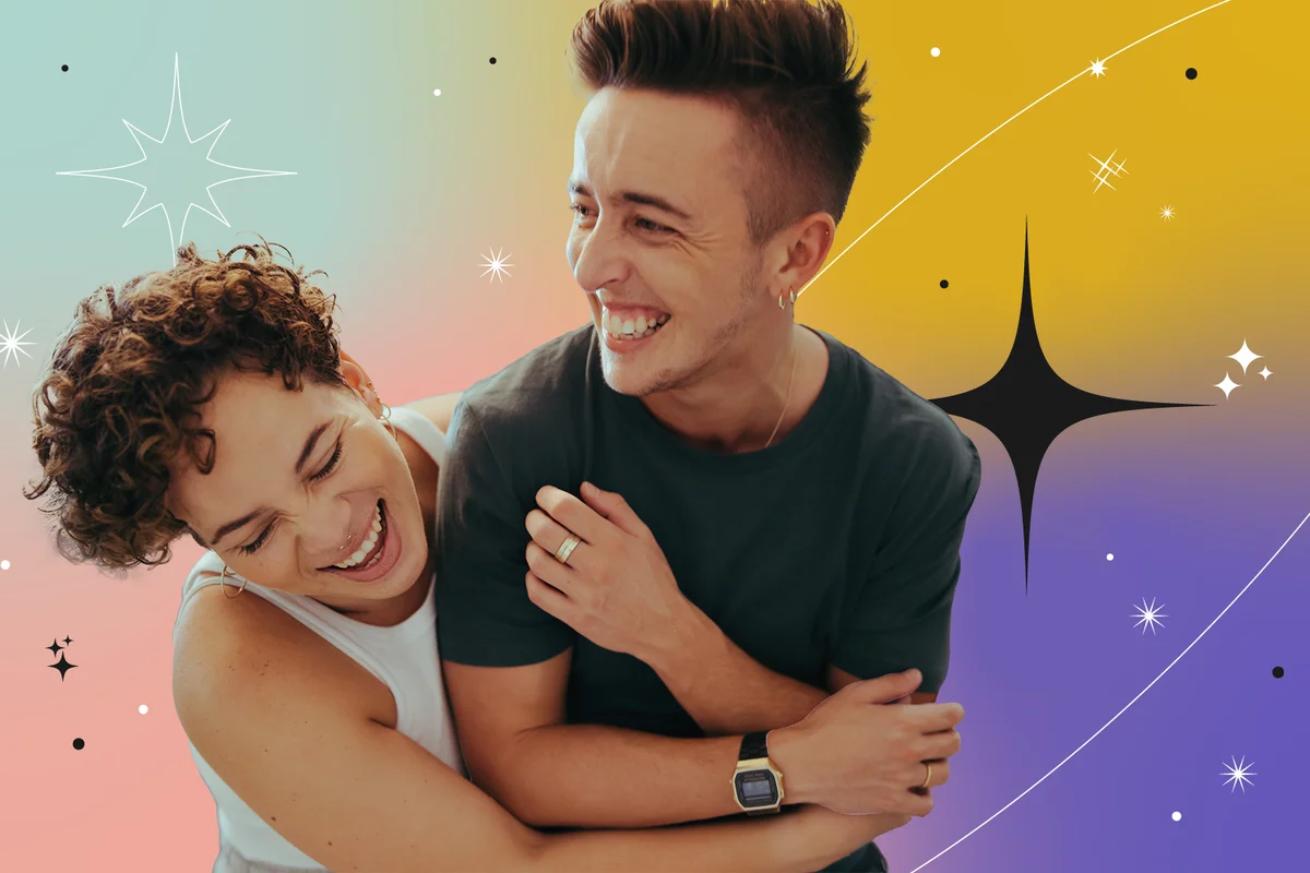 couple laughing together indoors