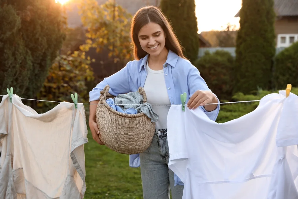 Smiling woman holding a basket and hanging clothes with clothespins on line for drying in the backyard