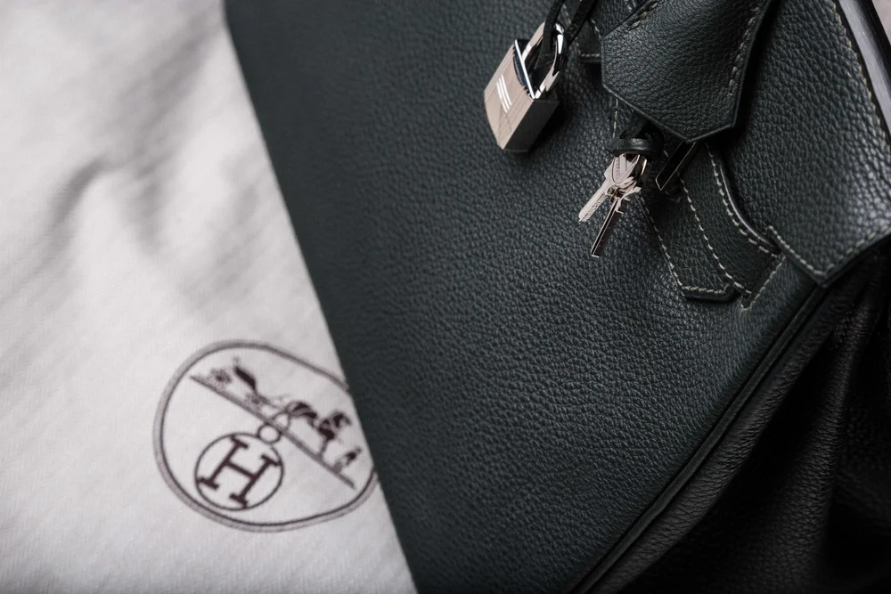 Close-up of black leather Hermes Birkin handbag