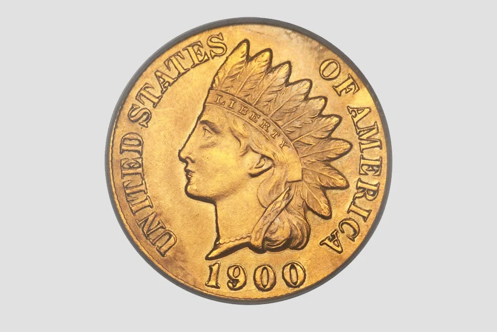 Front view of a gold 1900 Indian Cent