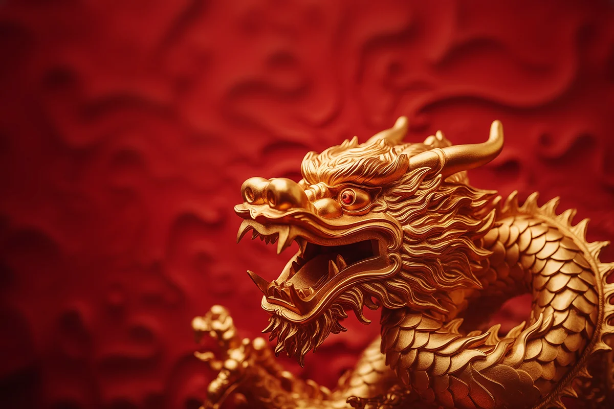 Chinese golden Dragon on red background, Chinese new year 2024