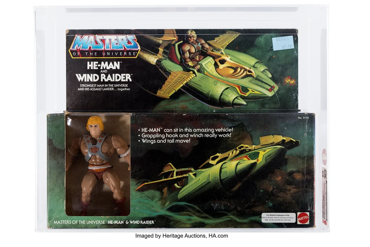 Masters of The Universe Mattel Archives He-man and Wind Raider CAS 80 (Mattel, 1982) The rare He-man and Wind Raider Gift Set was released by Mattel in 1982. Measuring 15.25 inches by 11.75 inches by 4 inches, the piece is sealed and graded 80 by CAS with sub grades of B80 W80 F90 (Real Grade Y 81.9) The grading sticker also designates that this is from "Mattel Archives / Employee Promo". A separate Statement of Archival document from CAS is included.

This piece was purchased from Mattel by a former employee when they liquidated their archives. The blue sticker on front has a price and is marked "Archives". An additional sticker on the front of the box reads: "For Mattel Employees Only. Not For Resale. Historic Archives product. May not be suitable for child play."
