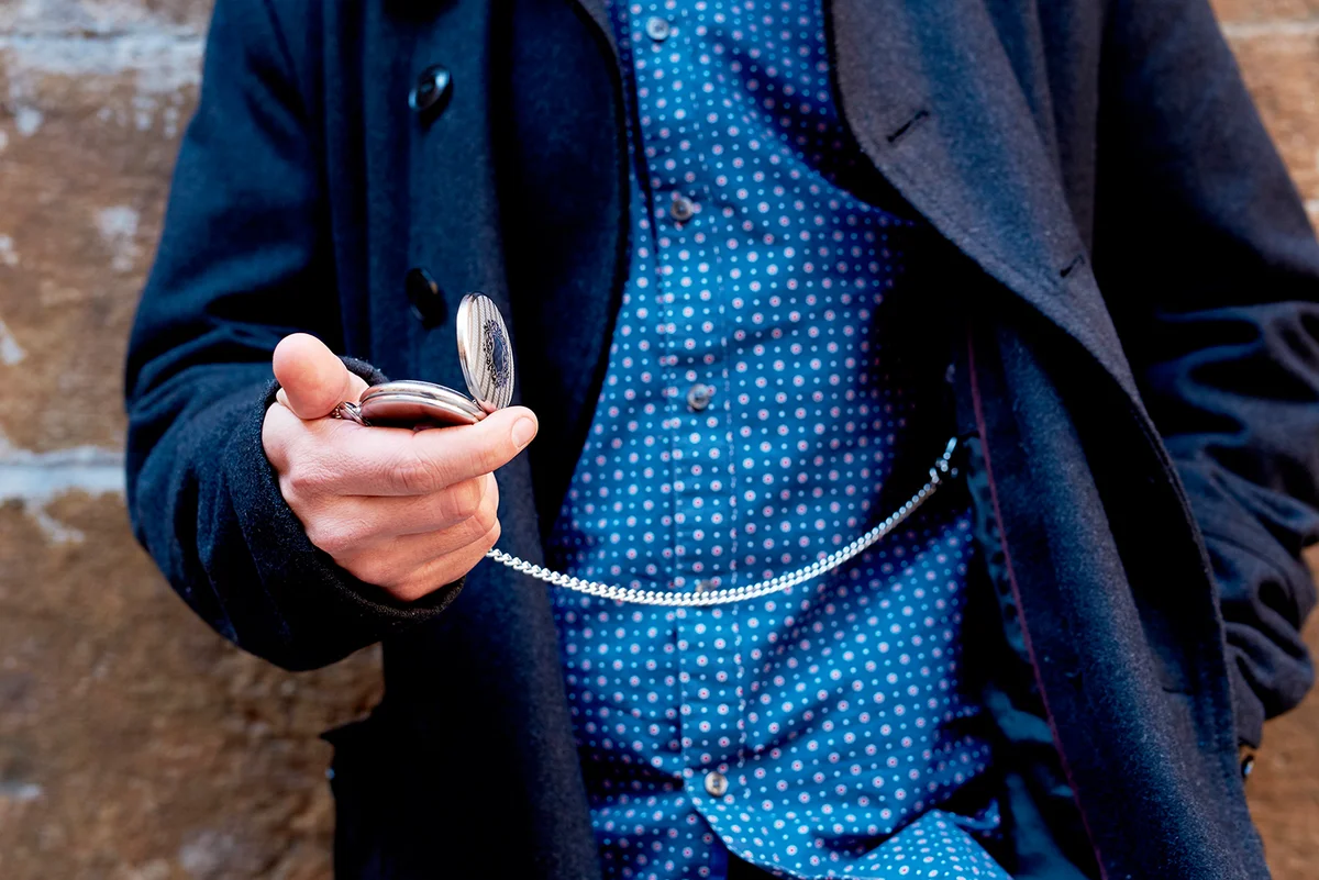 Close up of man looking his pocket watch