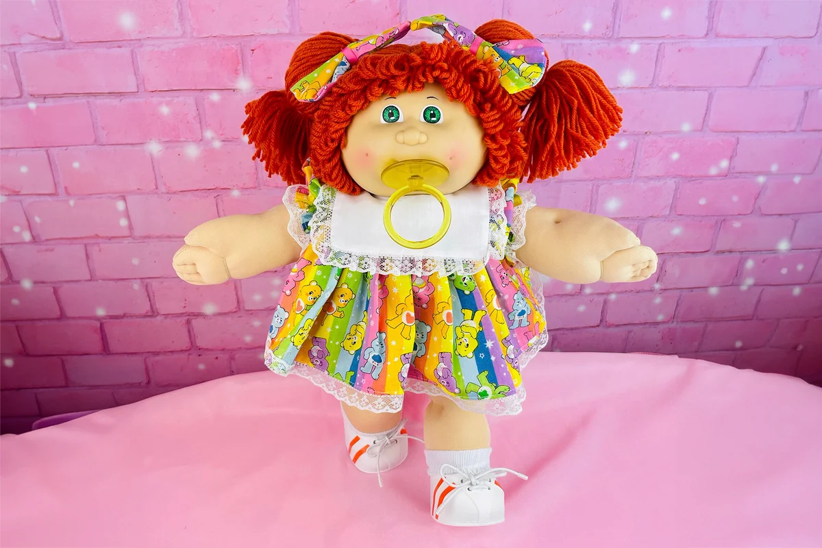 RARE Vintage Cabbage Patch Kids, 1984 Pacifier girl collector doll redhead green eyes, IC cabbage patch dolls Care Bears dress girls toys