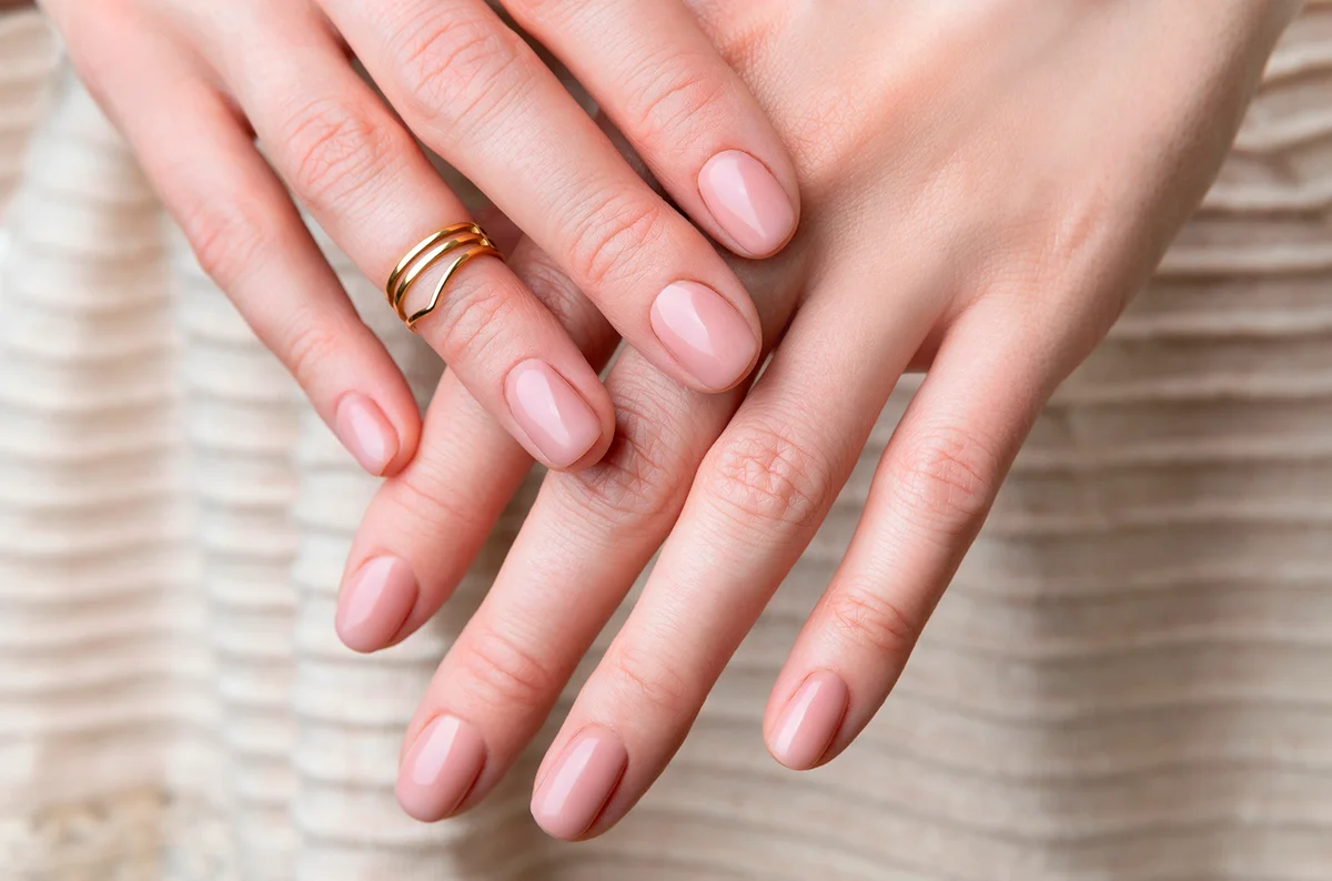 Woman with groomed hands with nude beige pink nail design in dress. Manicure, fashion and beauty salon concept