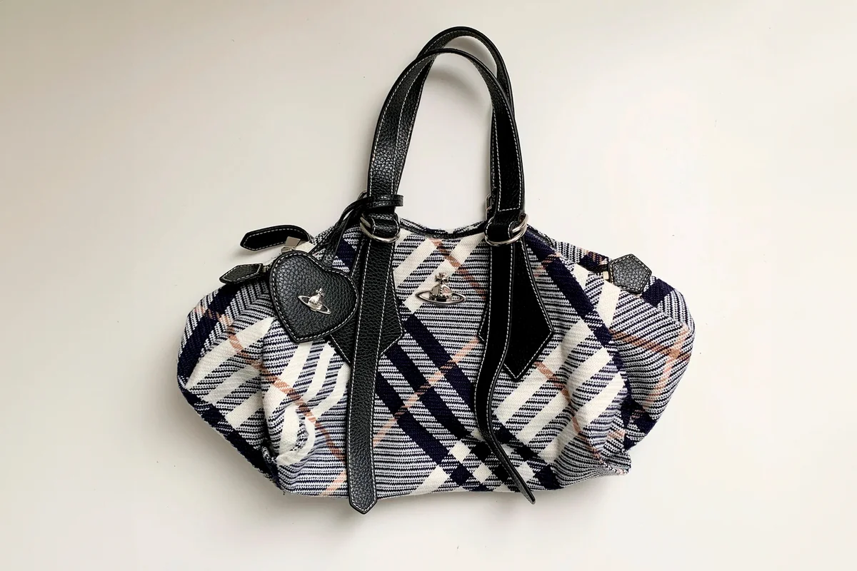 Vivienne Westwood Plaid Orb Metal Tweed Handbag