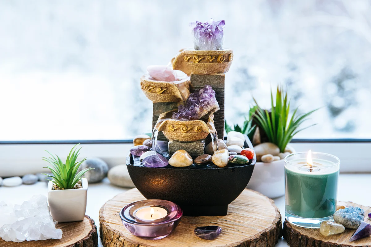 Relaxing spiritual Feng Shui altar set with nature, water and fire element