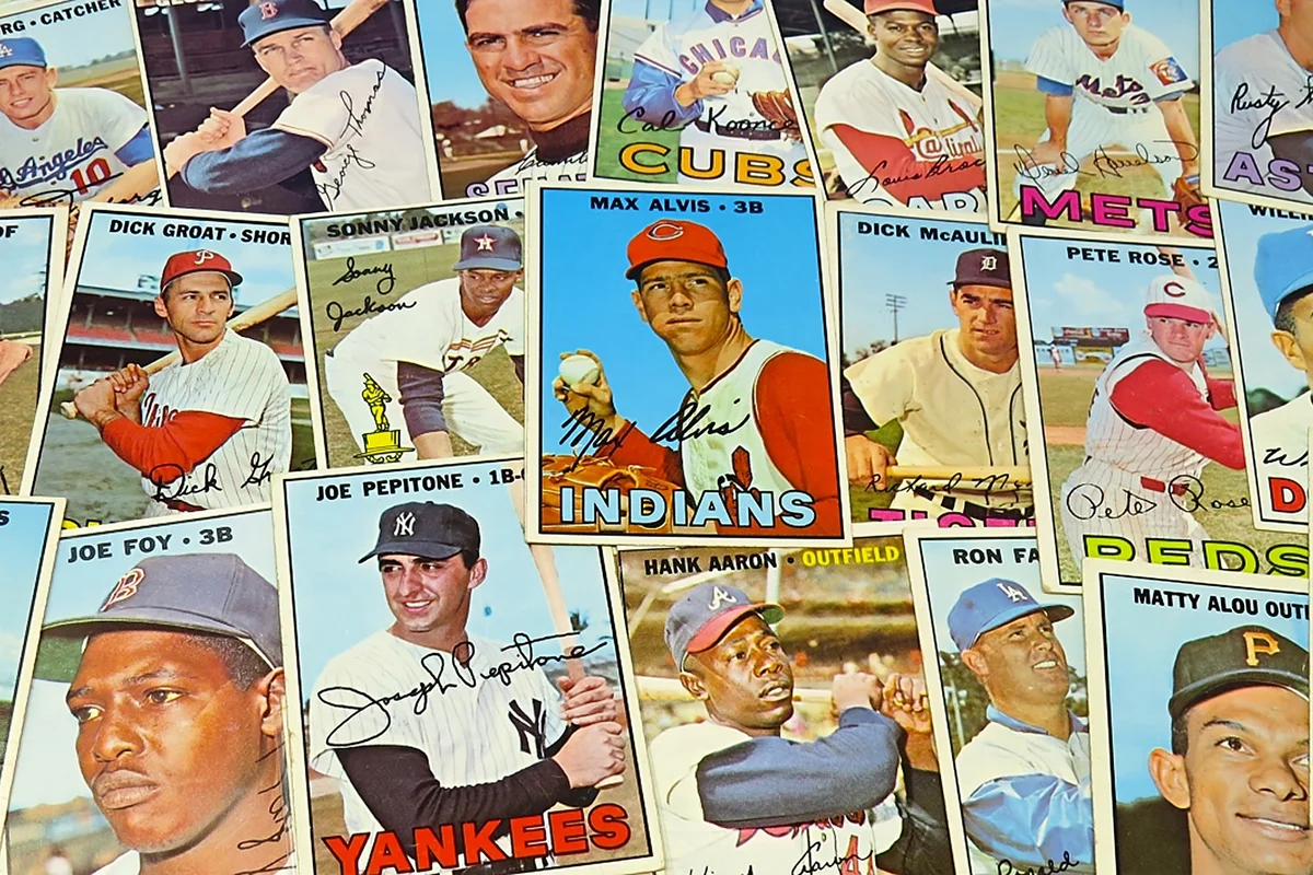 Scattered Pile of Vintage Colorful 1967 Topps Baseball Cards.