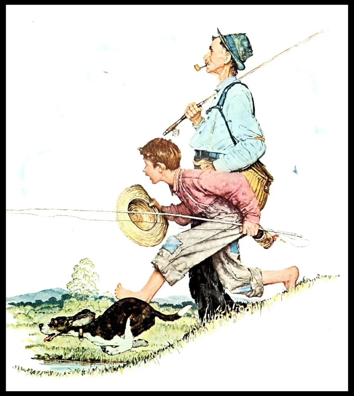 Norman Rockwell Print, "Grandpa and Me Going Fishing", Circa 1948