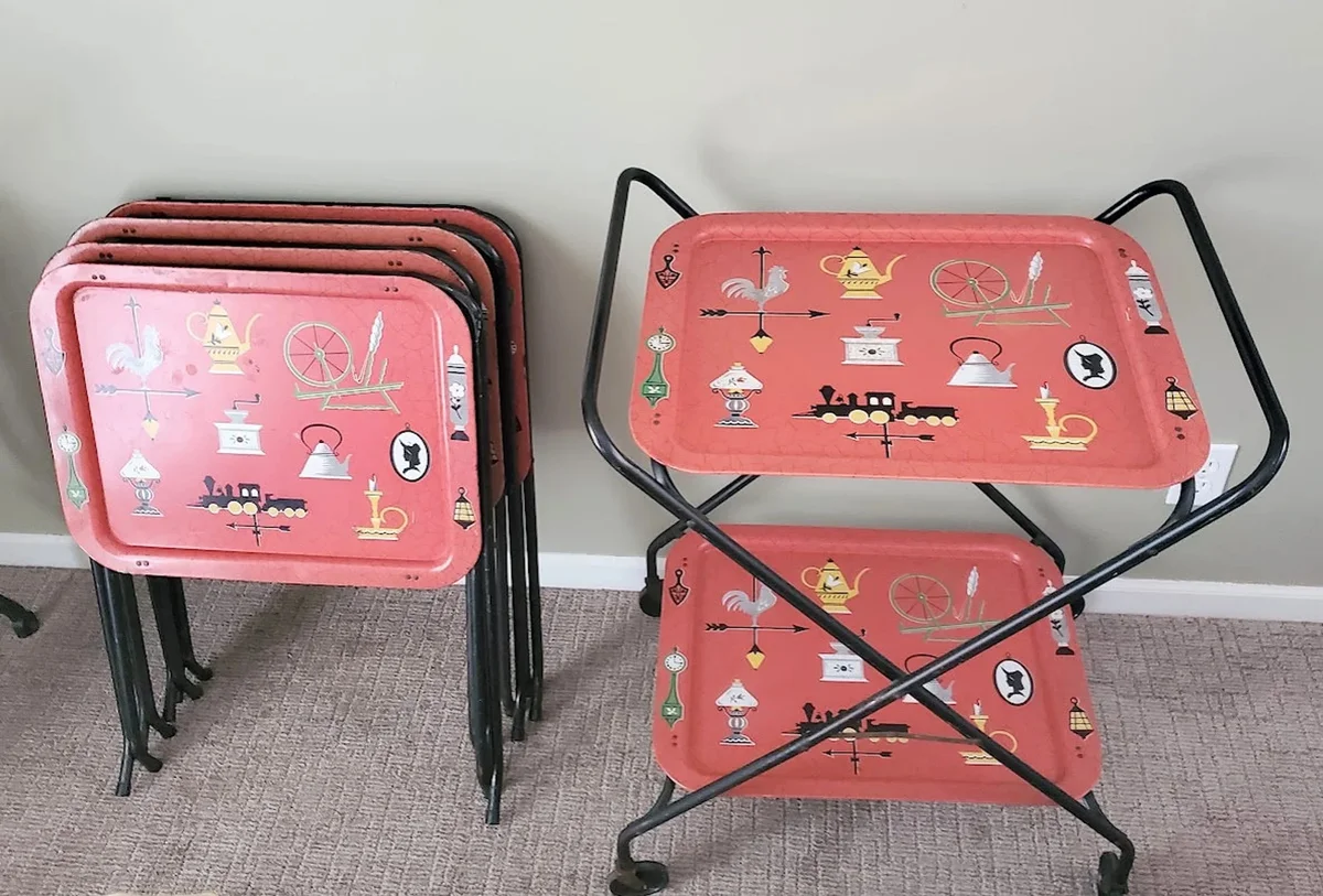 Vintage 1950's Cal Dak Toleware Metal TV Trays with Tray Stand