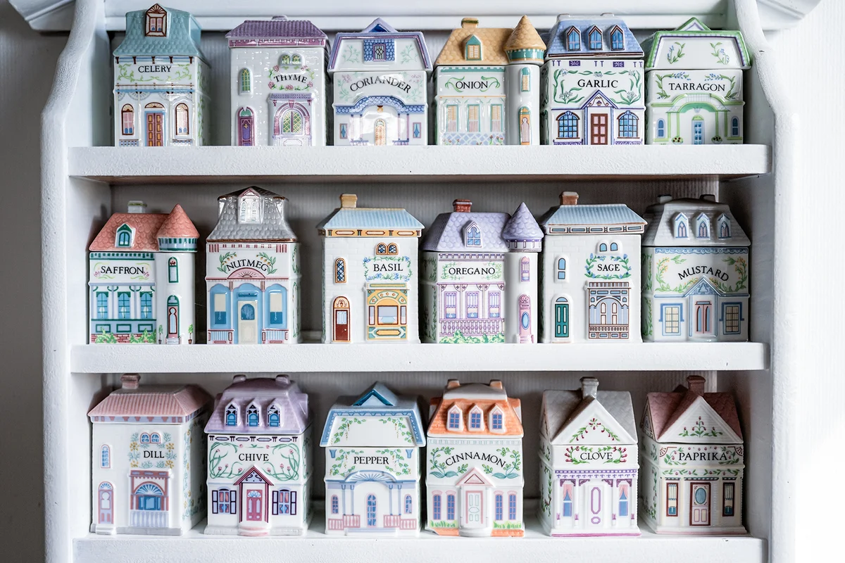Grandmothers vintage kitchen spices shelf tools for cooking in old house formed porcelain containers
