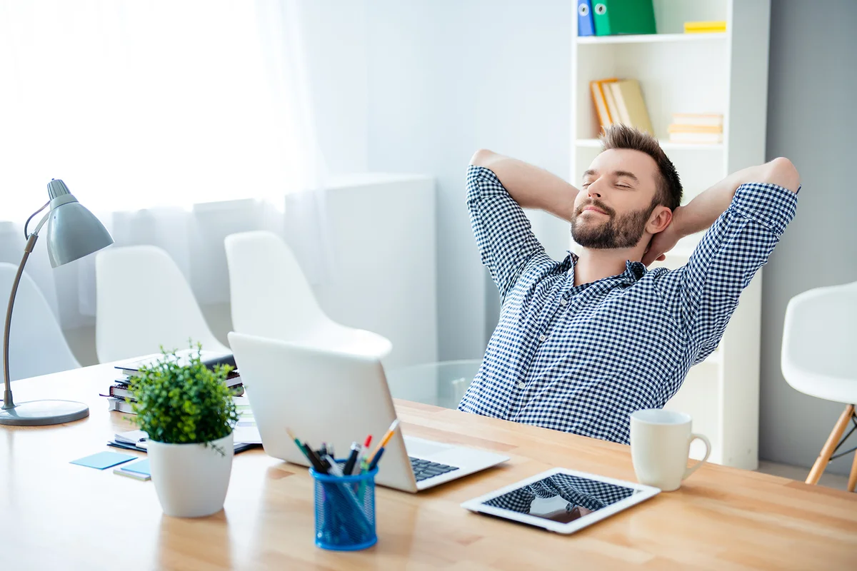 worker having break and resting after solving task
