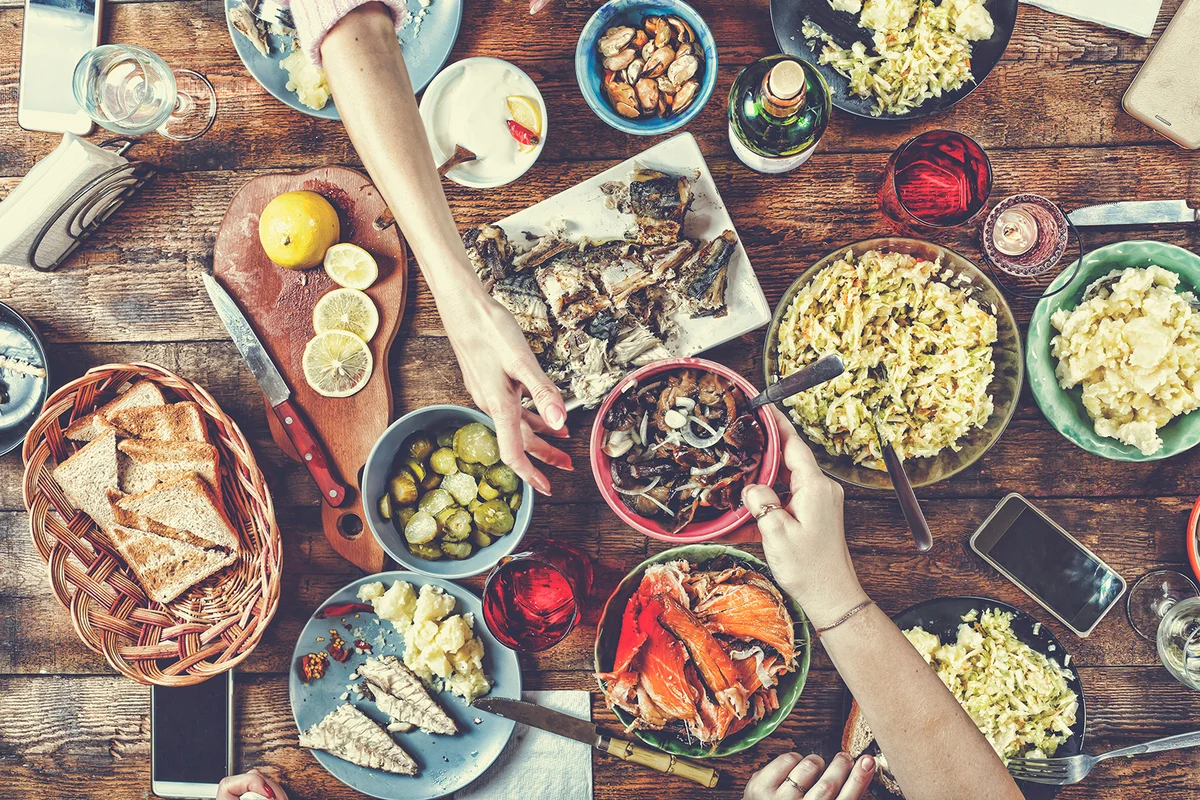 dining table with various food, wine, meals, snack