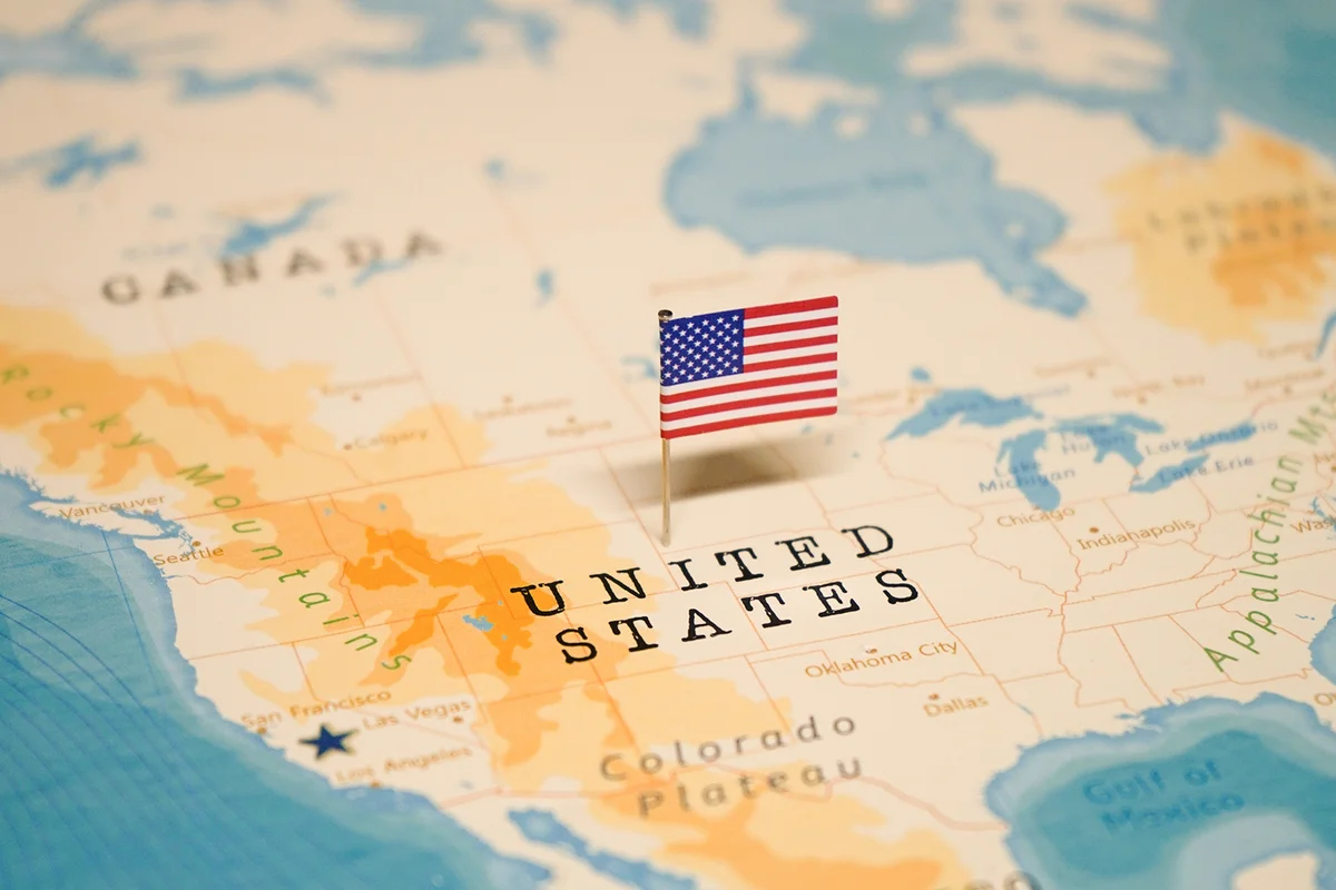 The Flag of United States on the World Map
