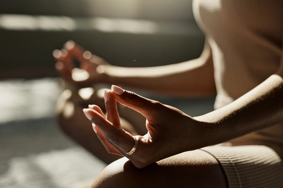 Meditation, hands woman in lotus pose on a floor for peace, zen or mental health wellness at home.