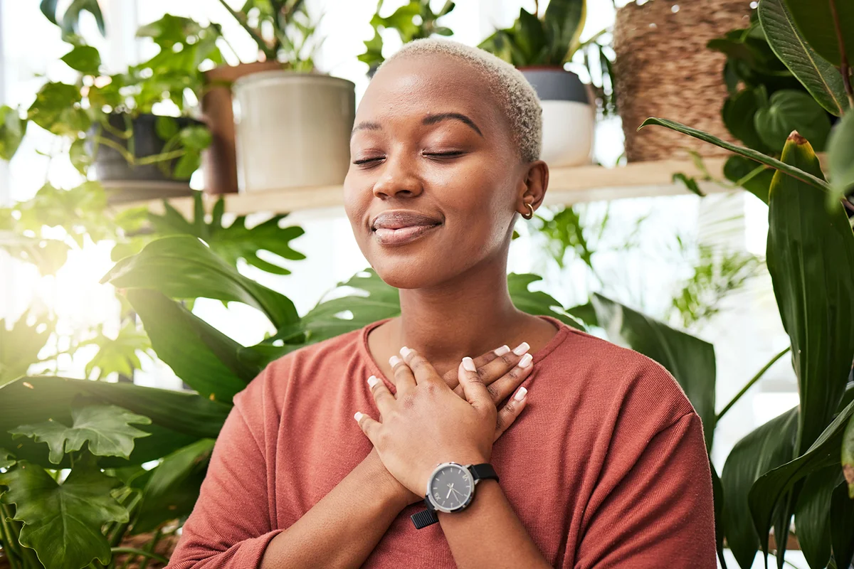 Breathe, gratitude and young person with a relaxing peace